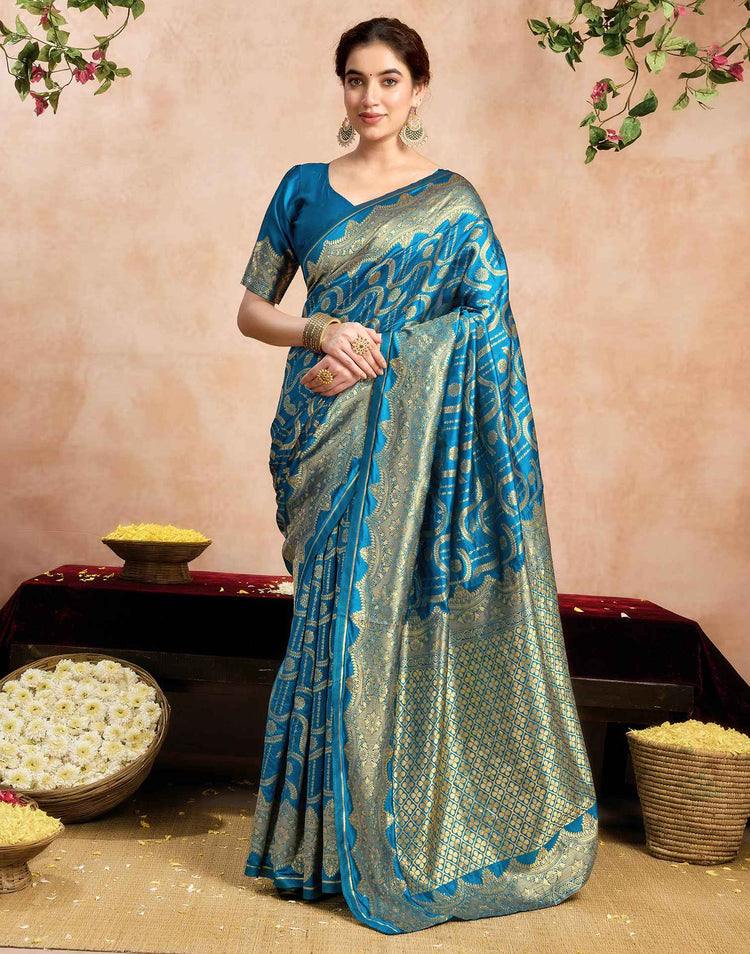 Teal Blue Silk Woven Banarasi Saree