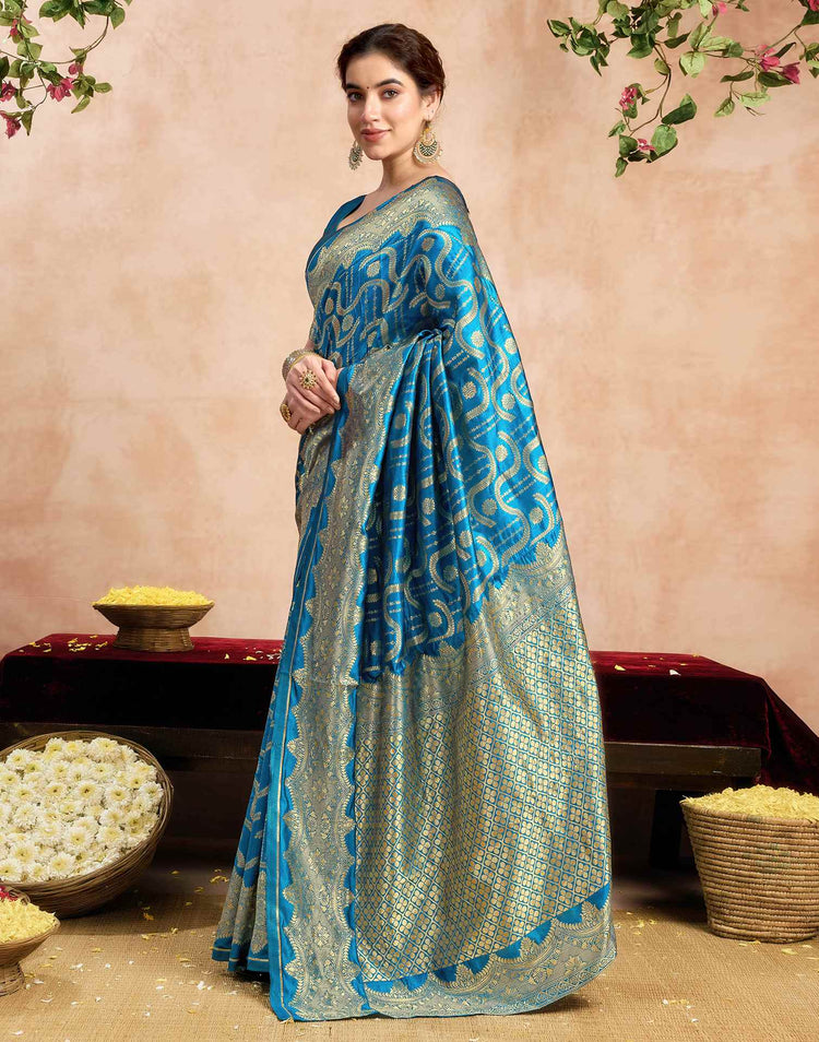 Teal Blue Silk Woven Banarasi Saree