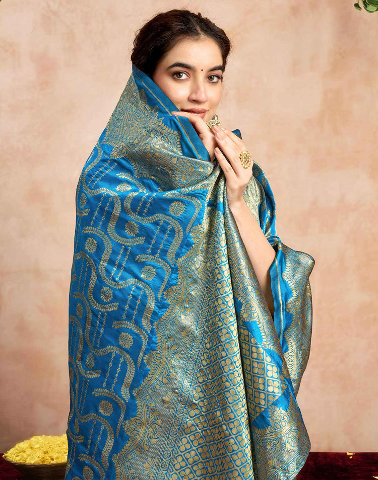 Teal Blue Silk Woven Banarasi Saree