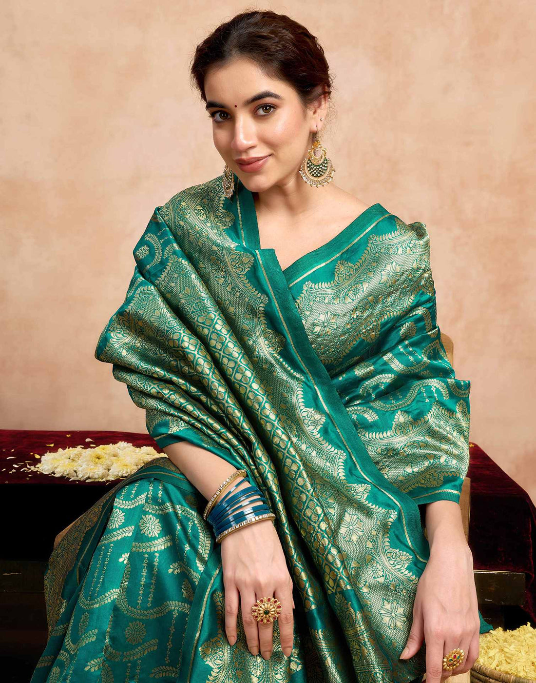Teal Green Silk Woven Saree