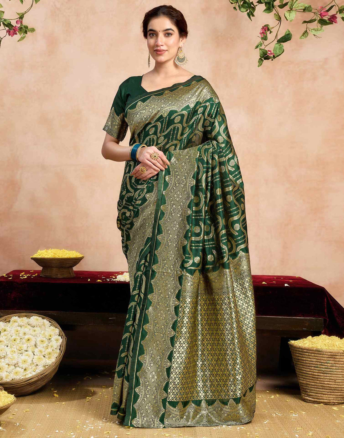 Dark Green Silk Woven Saree