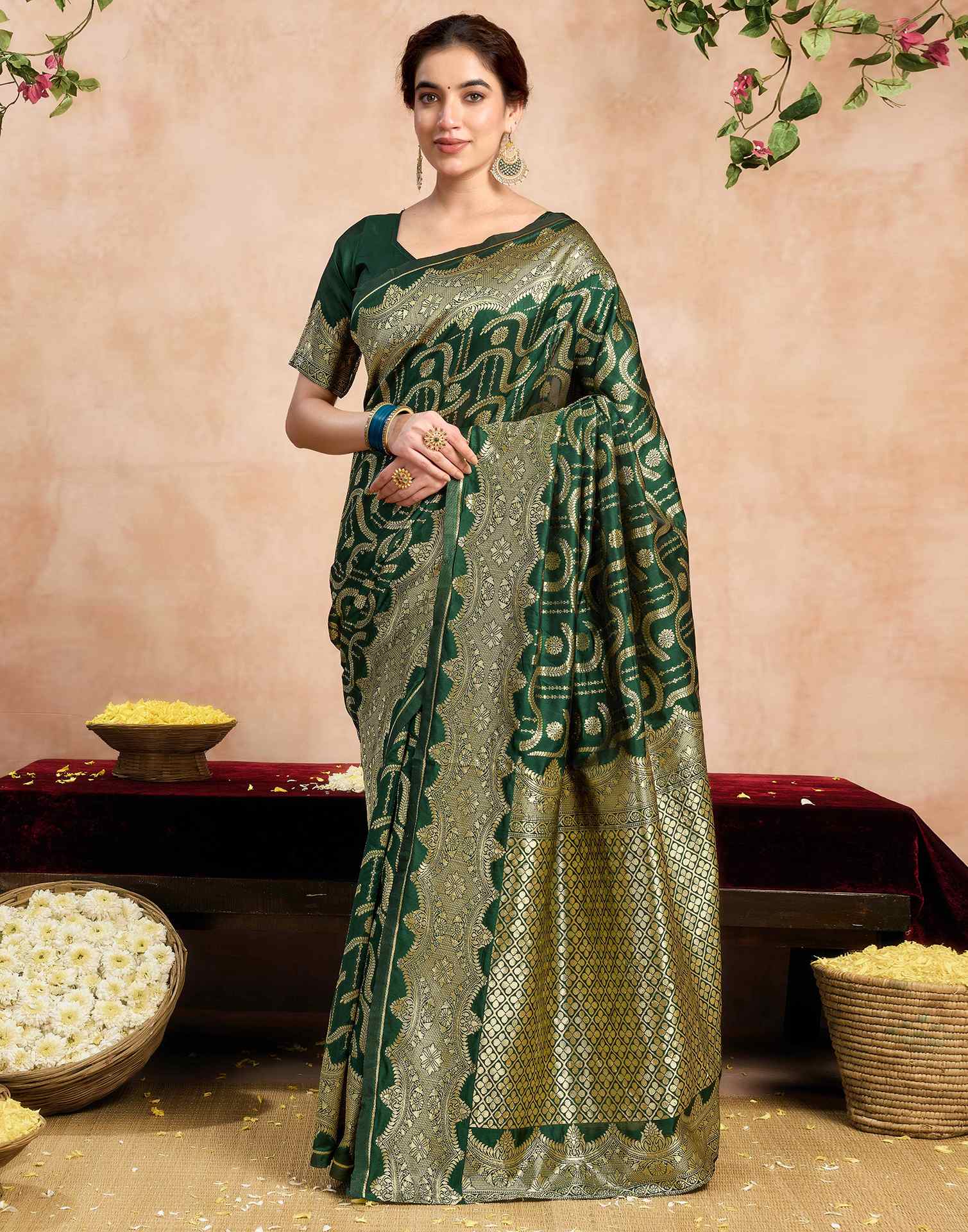 Dark Green Silk Woven Saree