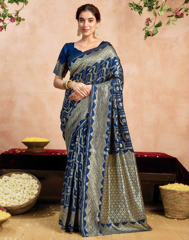 Navy Blue Silk Woven Banarasi Saree
