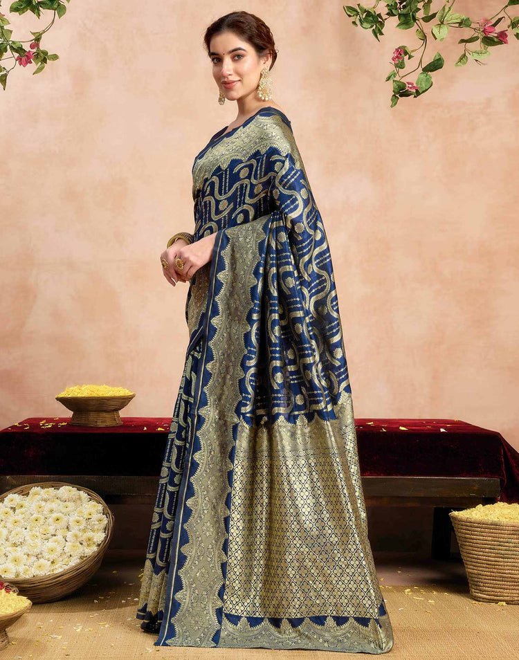Navy Blue Silk Woven Banarasi Saree