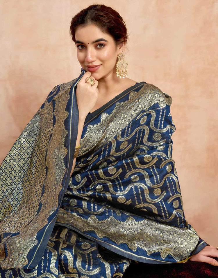 Navy Blue Silk Woven Banarasi Saree