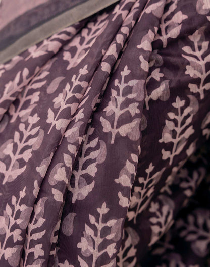 Purple Cotton Embroidery Printed Saree