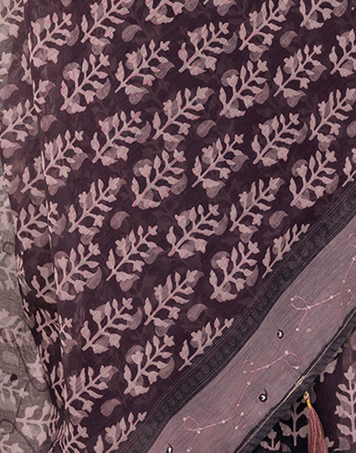 Purple Cotton Embroidery Printed Saree
