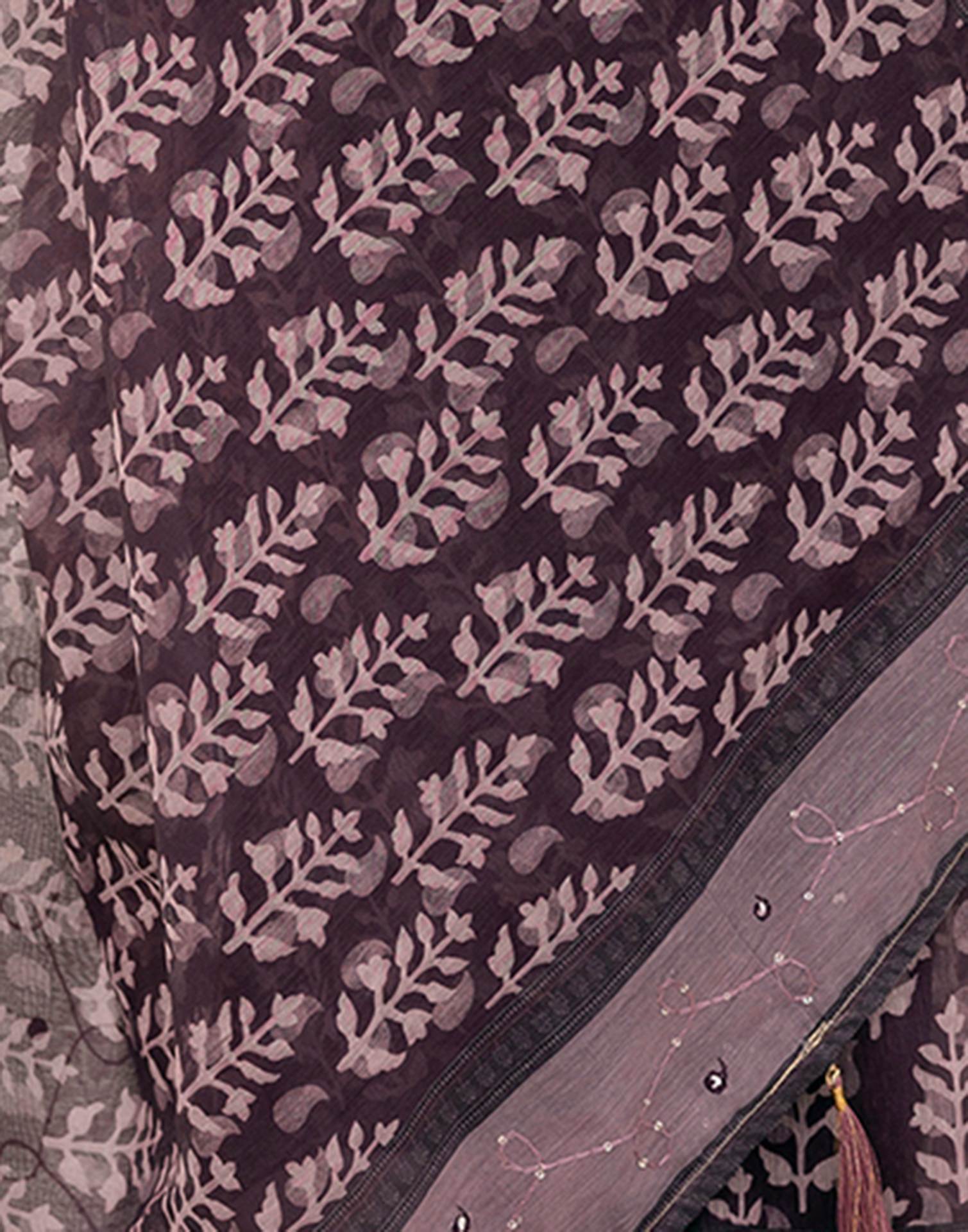 Purple Cotton Embroidery Printed Saree