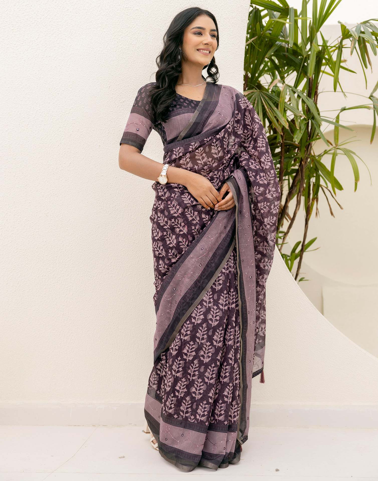 Purple Cotton Embroidery Printed Saree