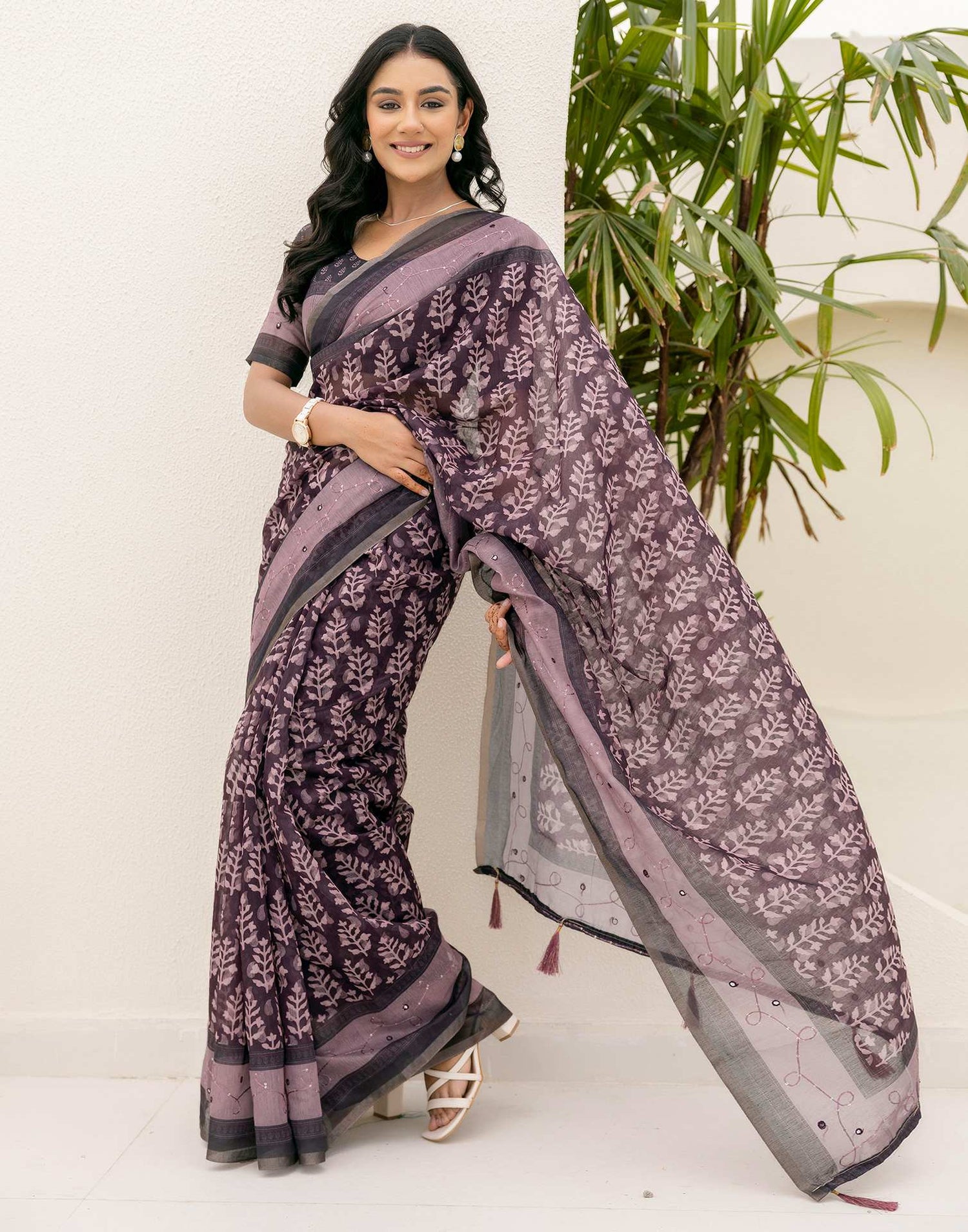 Purple Cotton Embroidery Printed Saree