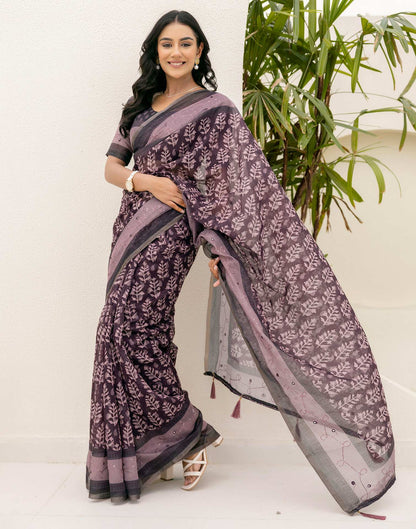 Purple Cotton Embroidery Printed Saree