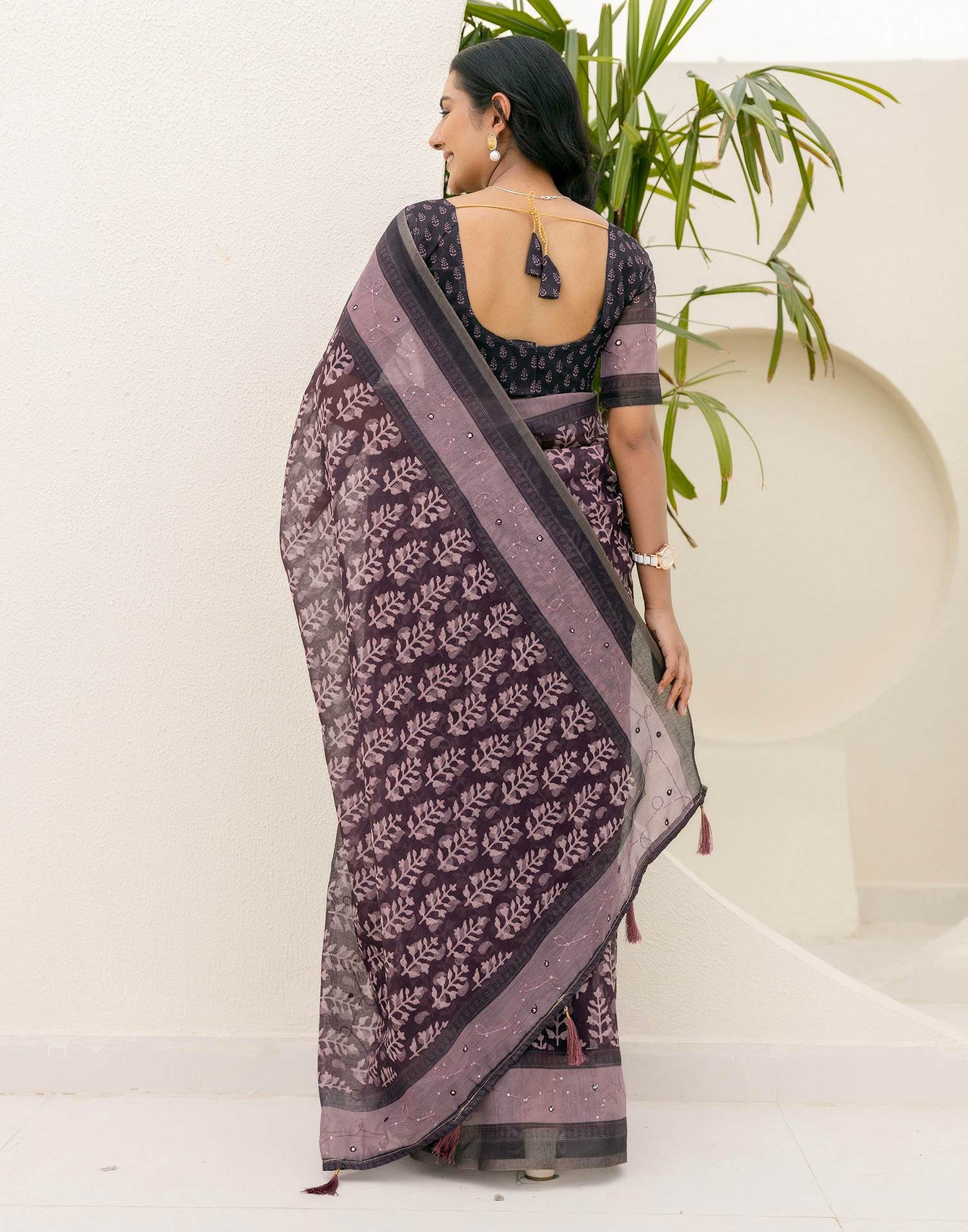 Purple Cotton Embroidery Printed Saree
