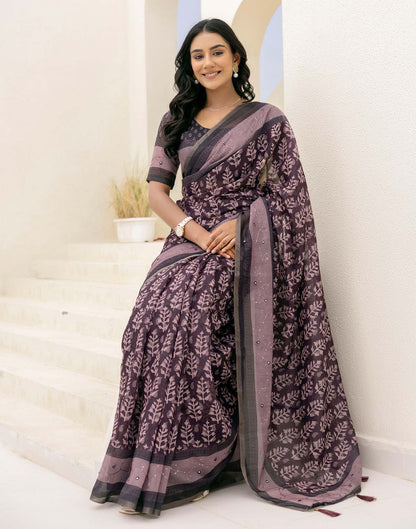 Purple Cotton Embroidery Printed Saree