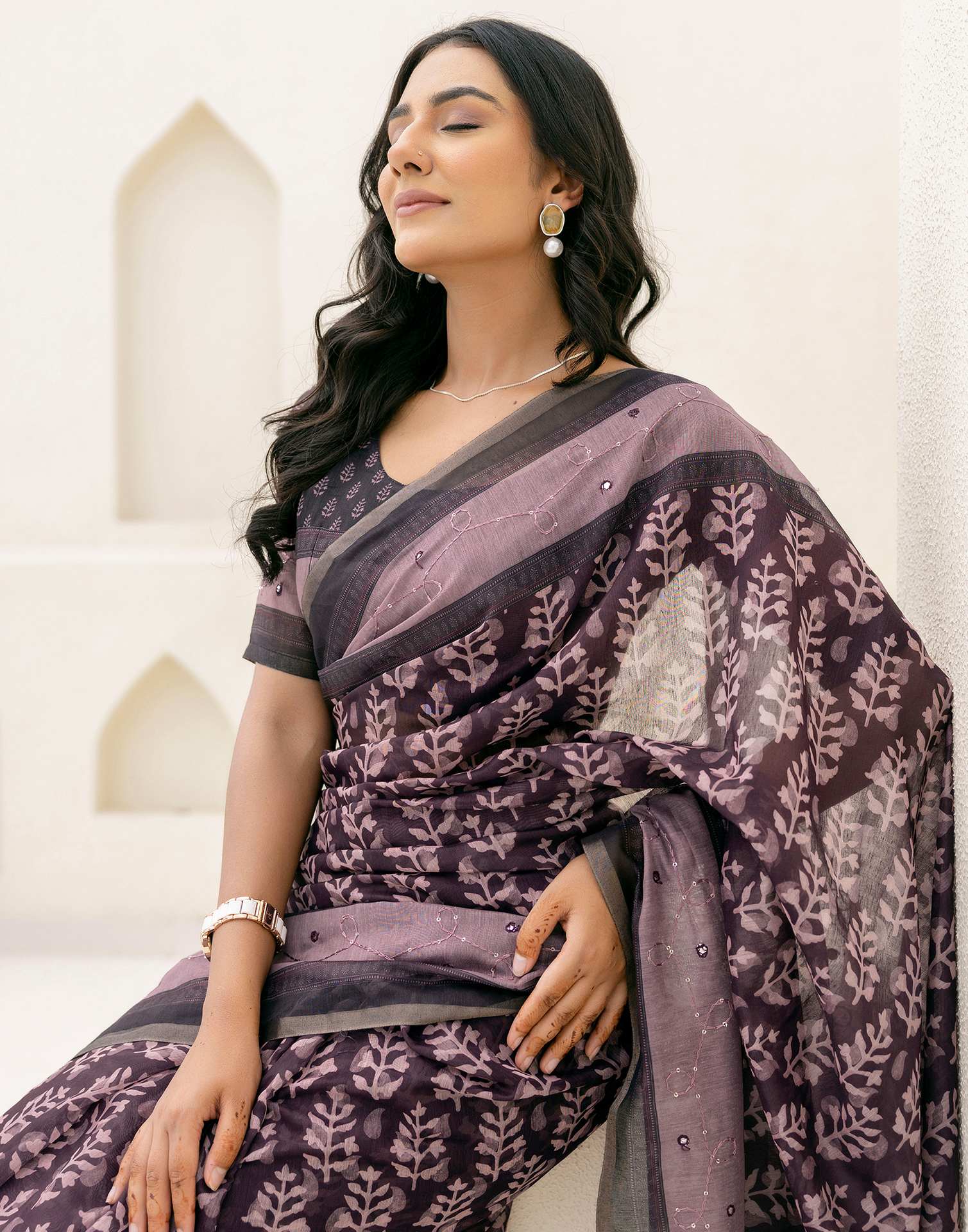 Purple Cotton Embroidery Printed Saree