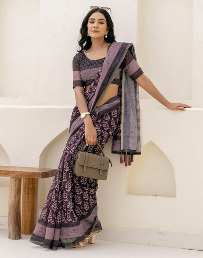 Purple Cotton Embroidery Printed Saree