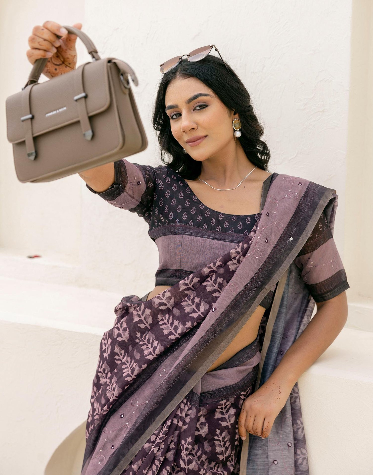 Purple Cotton Embroidery Printed Saree