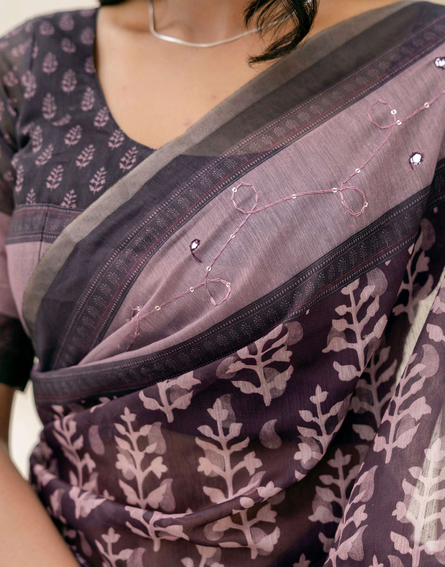 Purple Cotton Embroidery Printed Saree