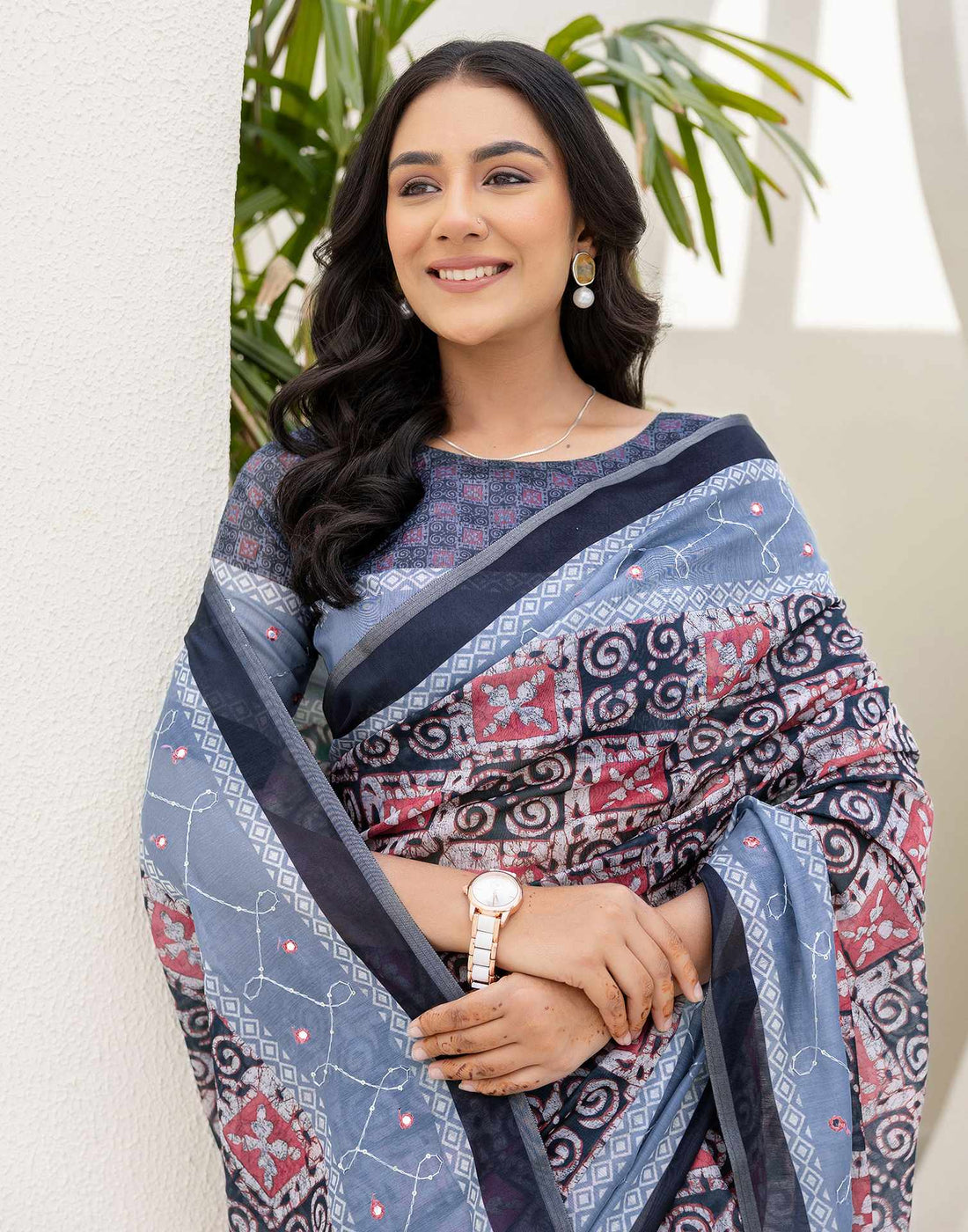 Grey Cotton Embroidery Printed Saree