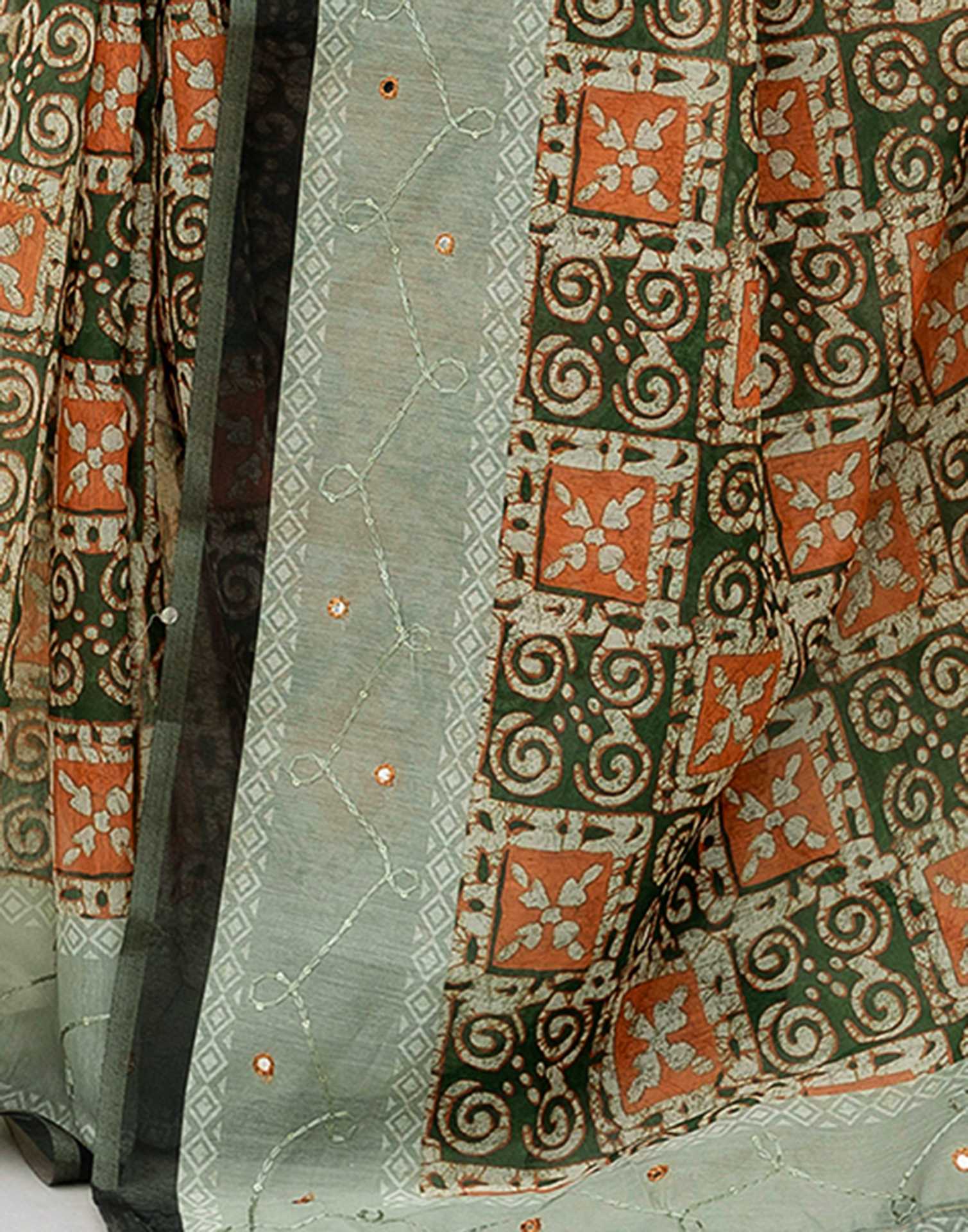 Green Cotton Embroidery Printed Saree