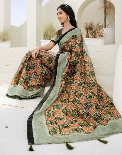 Green Cotton Embroidery Printed Saree