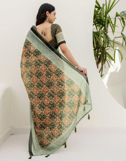 Green Cotton Embroidery Printed Saree