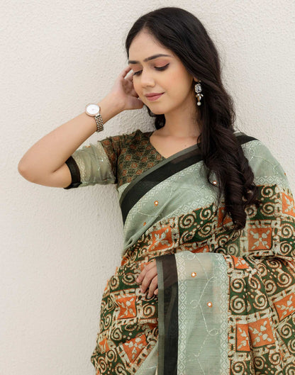 Green Cotton Embroidery Printed Saree