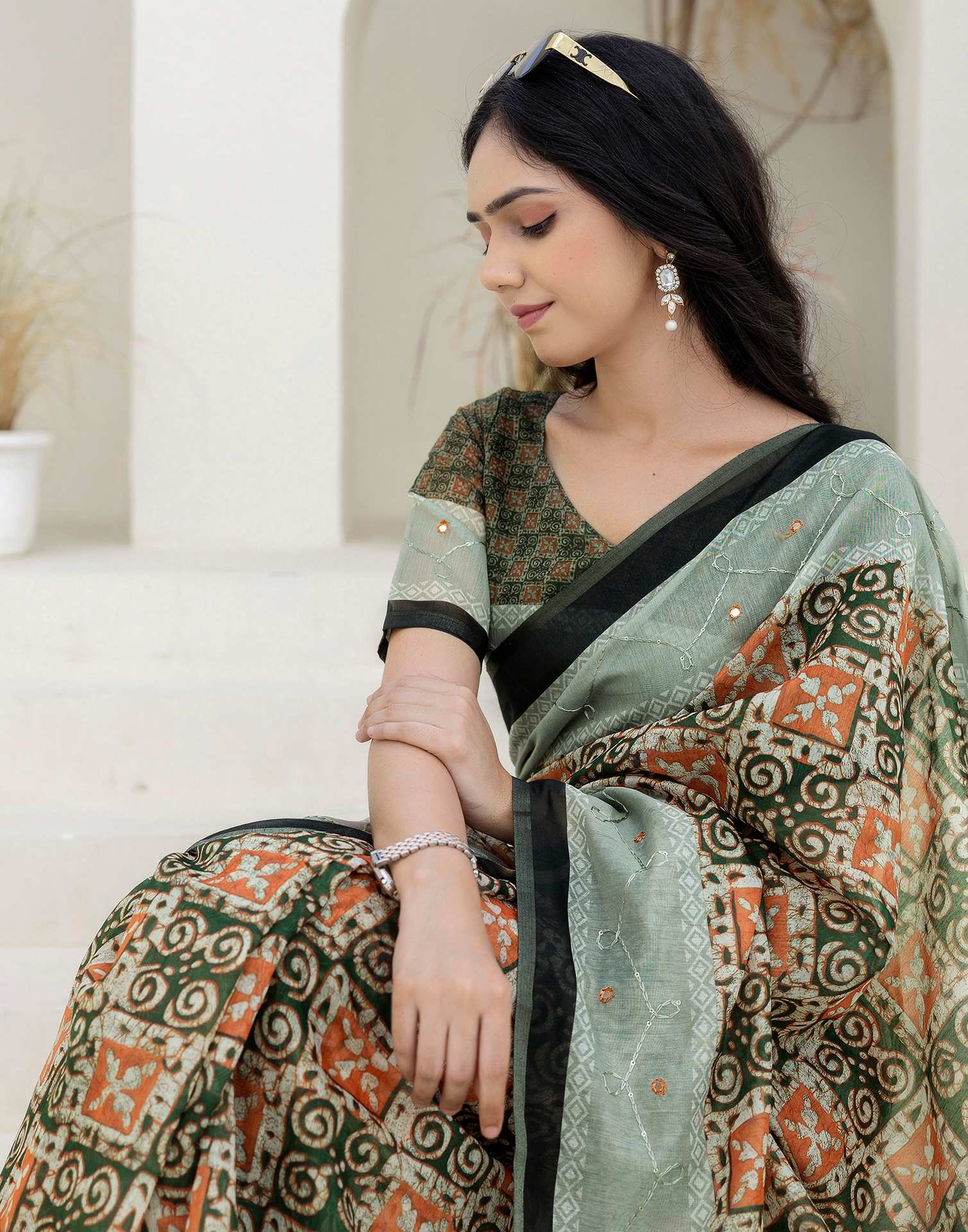 Green Cotton Embroidery Printed Saree