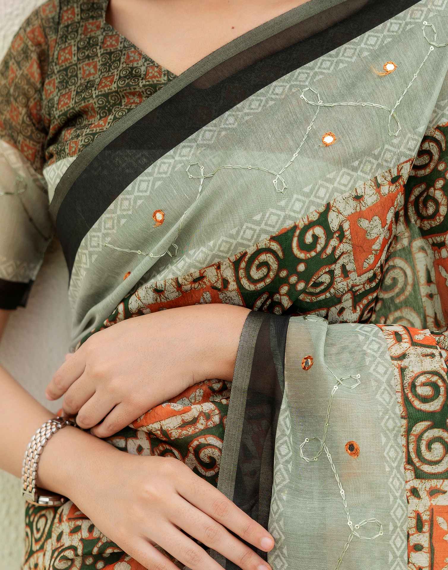 Green Cotton Embroidery Printed Saree
