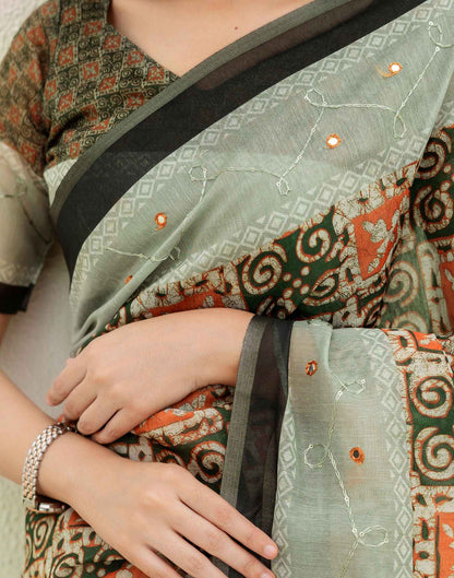 Green Cotton Embroidery Printed Saree