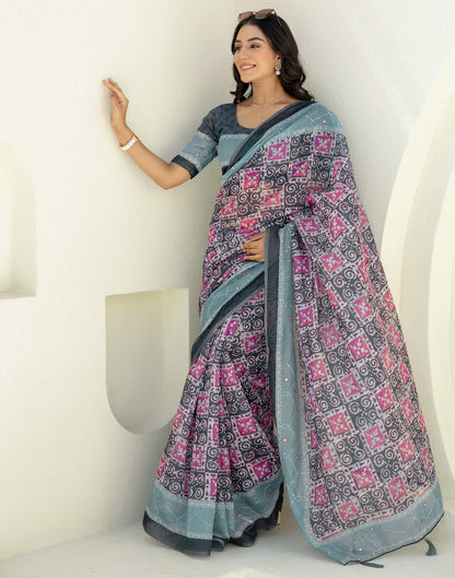 Green Cotton Embroidery Printed Saree