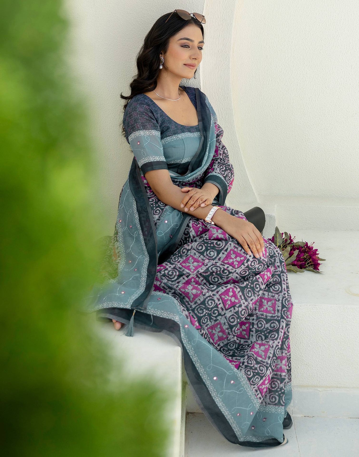 Green Cotton Embroidery Printed Saree