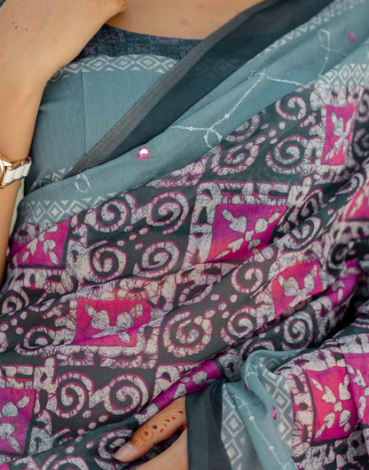 Green Cotton Embroidery Printed Saree