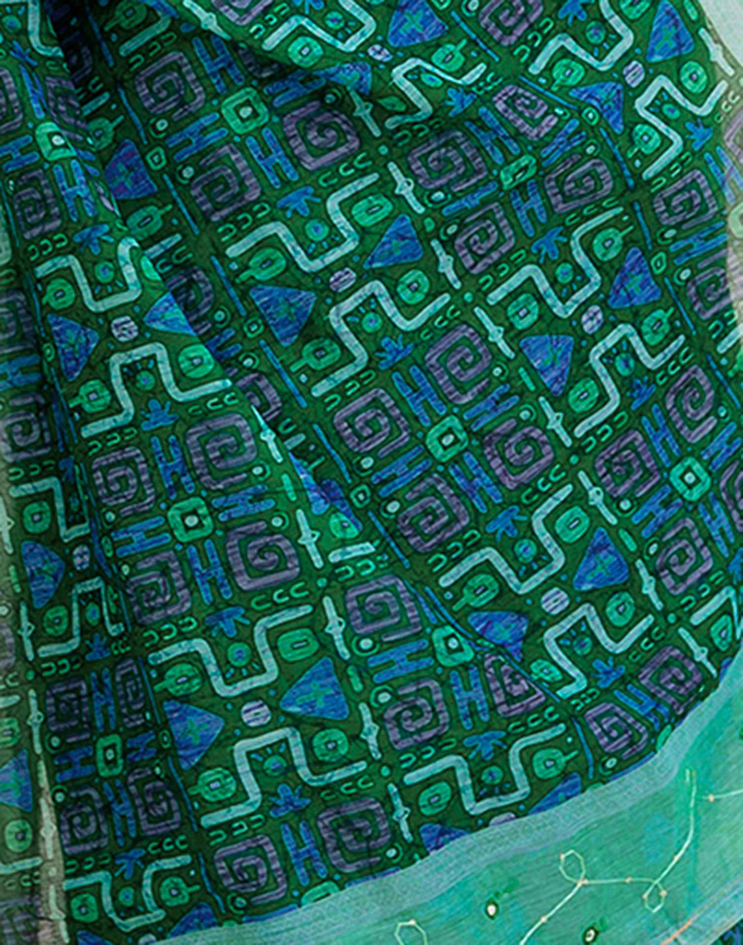 Green Cotton Embroidery Printed Saree