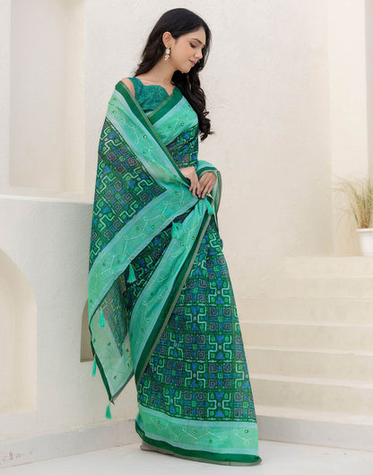 Green Cotton Embroidery Printed Saree