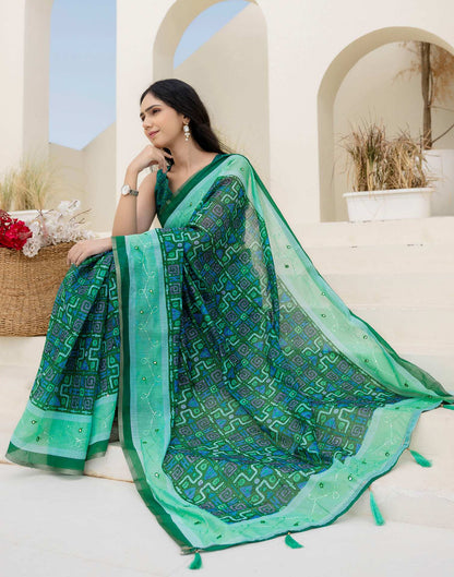 Green Cotton Embroidery Printed Saree