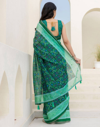 Green Cotton Embroidery Printed Saree
