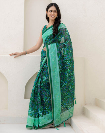 Green Cotton Embroidery Printed Saree