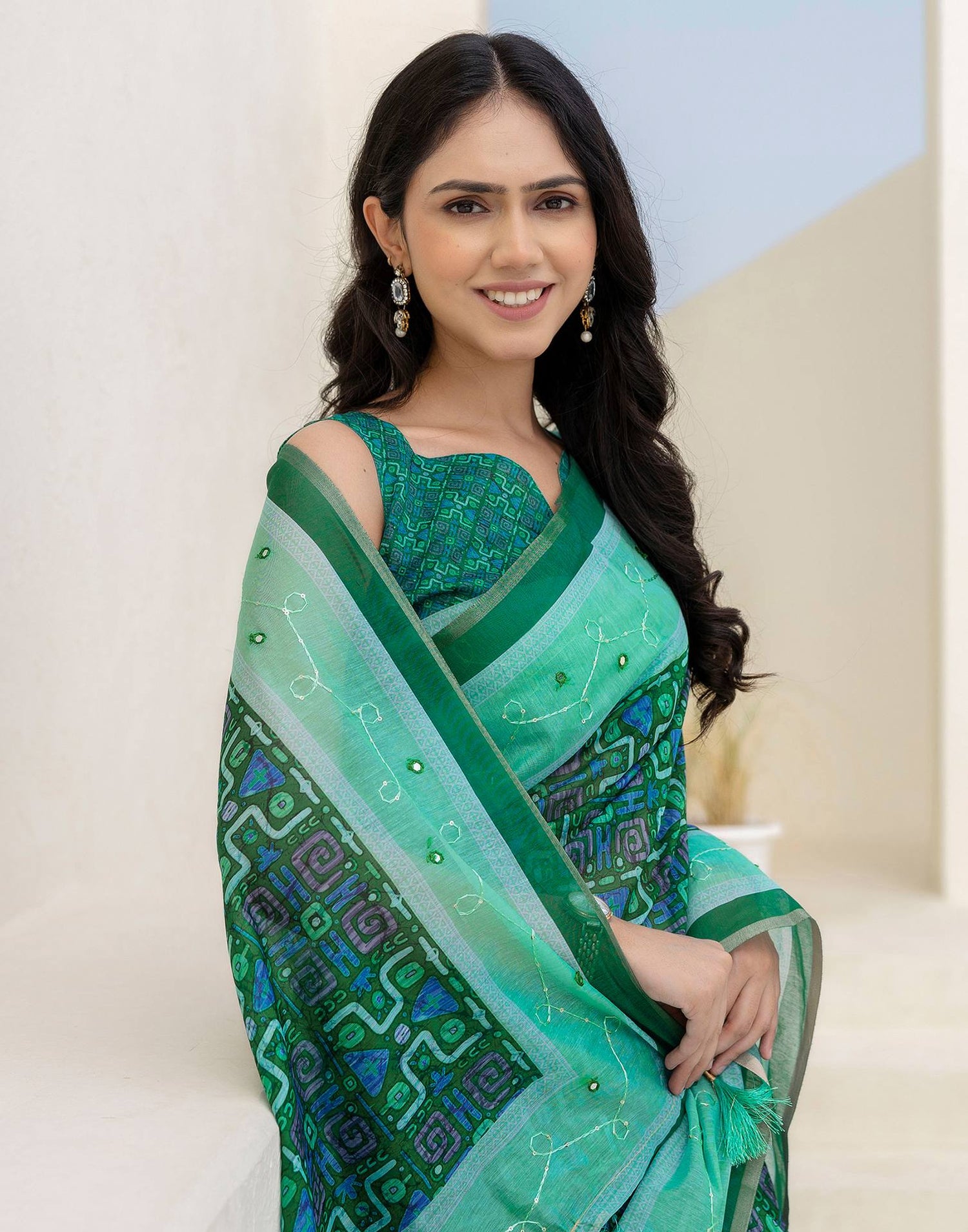 Green Cotton Embroidery Printed Saree