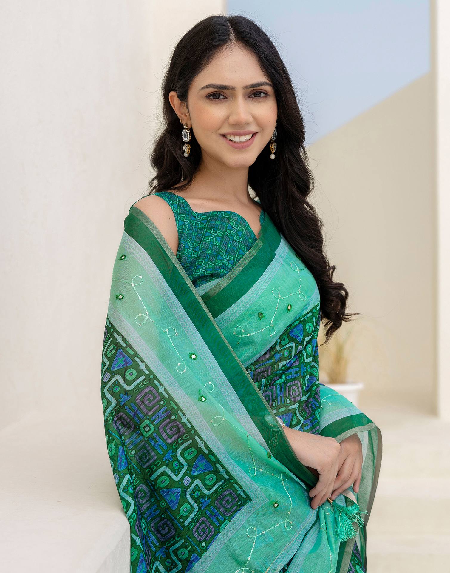 Green Cotton Embroidery Printed Saree