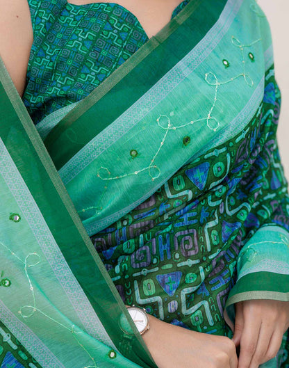 Green Cotton Embroidery Printed Saree