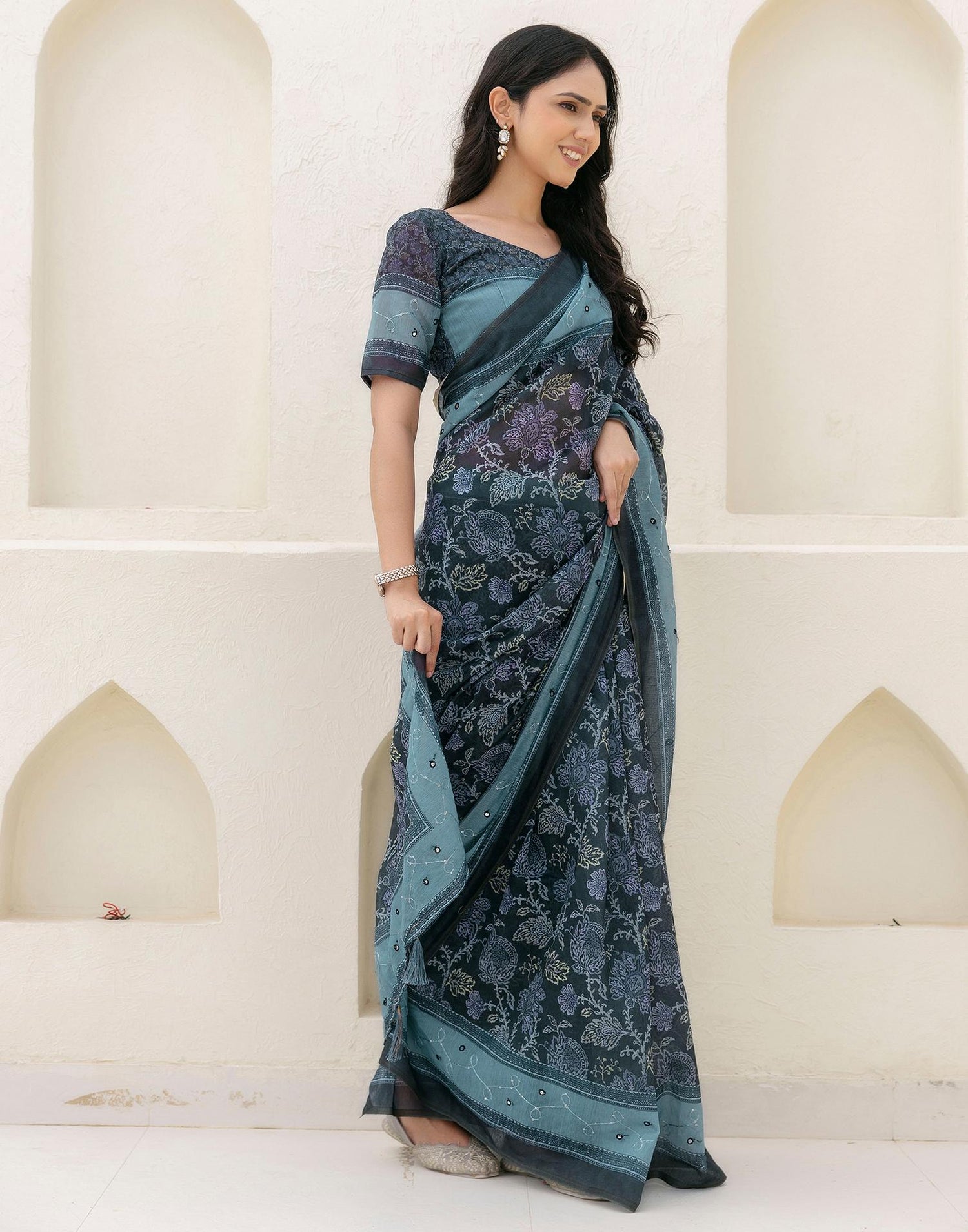 Green Cotton Embroidery Printed Saree