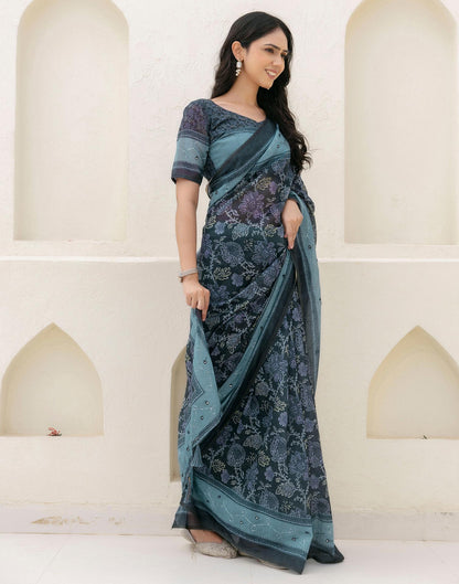Green Cotton Embroidery Printed Saree