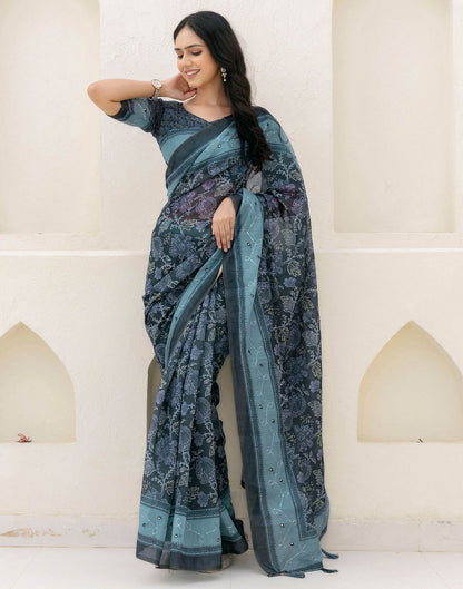 Green Cotton Embroidery Printed Saree