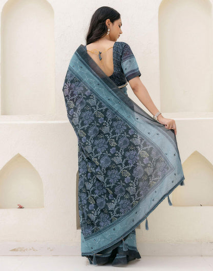 Green Cotton Embroidery Printed Saree
