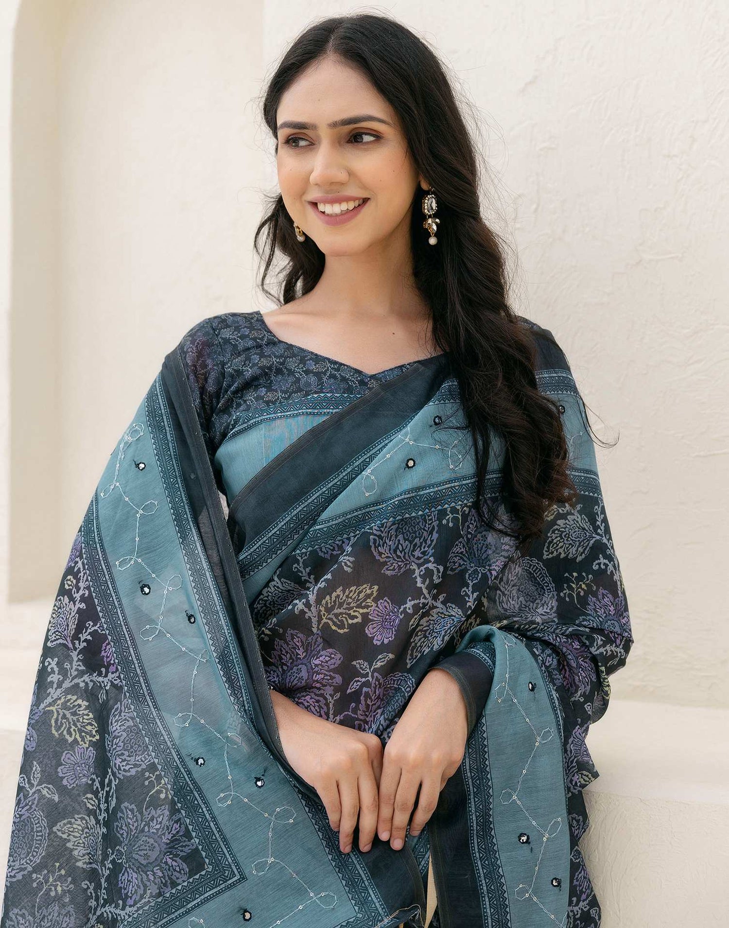 Green Cotton Embroidery Printed Saree