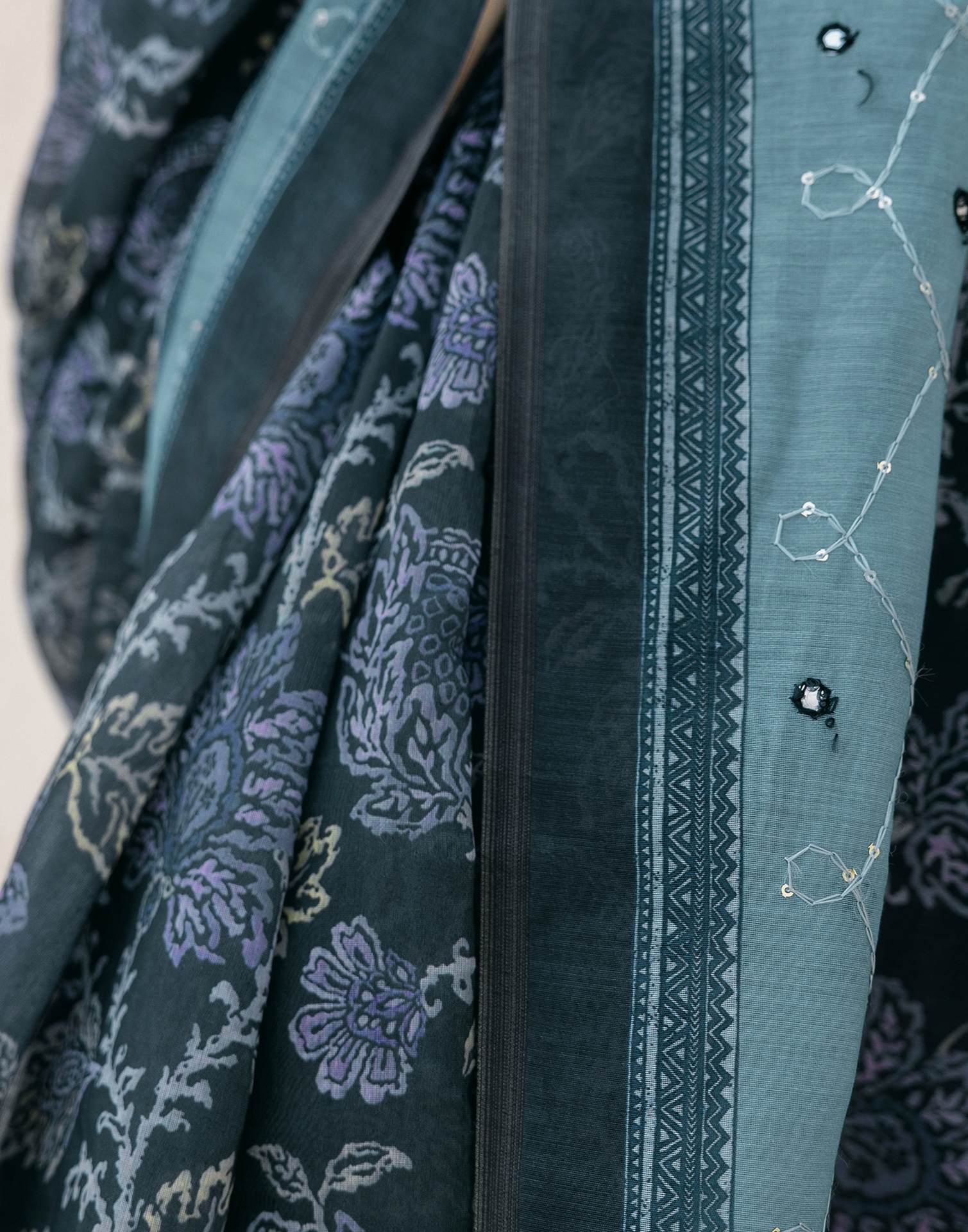 Green Cotton Embroidery Printed Saree