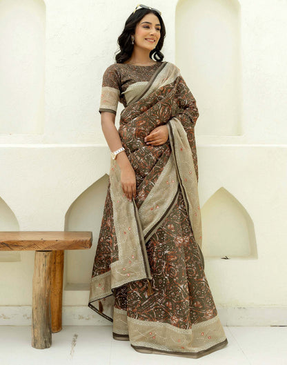 Green Cotton Embroidery Printed Saree