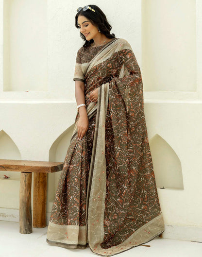 Green Cotton Embroidery Printed Saree
