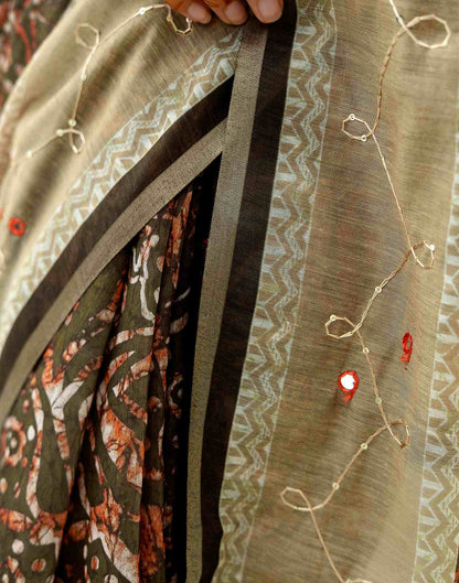 Green Cotton Embroidery Printed Saree