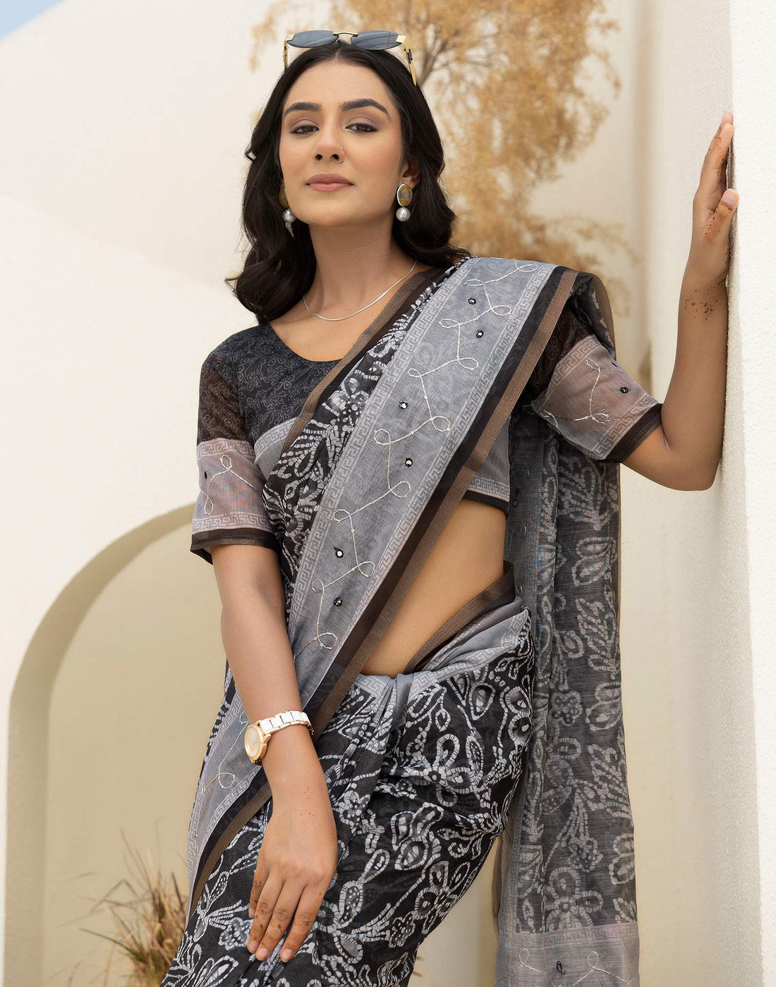Grey Cotton Embroidery Printed Saree